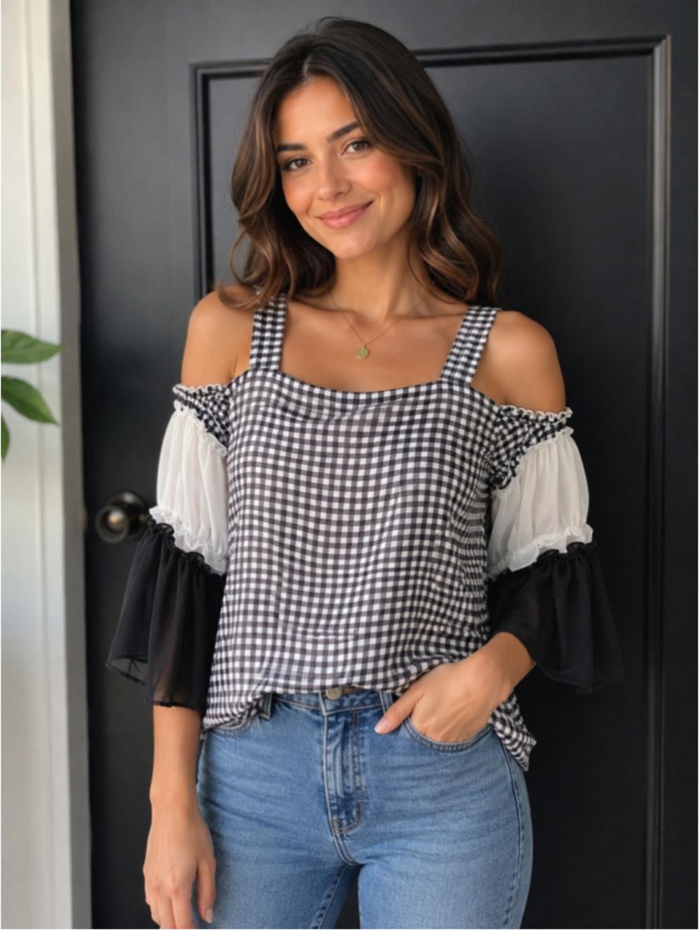 Coco Bianco Black & White Gingham Checkered Cold Shoulder Blouse M